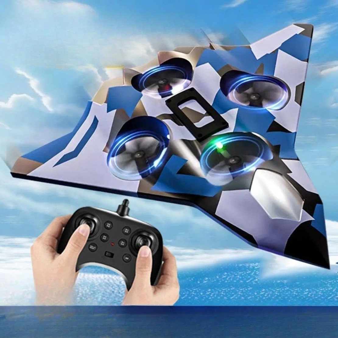 Avion de Lupta cu Telecomanda, Flippy, Tip Drona, din EVA (Spuma), cu Telecomanda, Incarcare USB, 2.4 GHz, Rotire 360°, Zbor pana la 100 m, LED, 24 x 25.5 x 4.2 cm, Model Army, Albastru