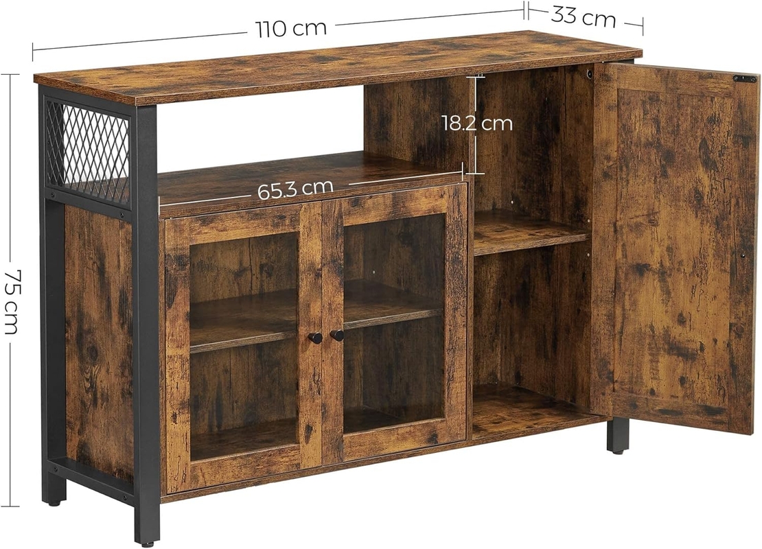 VASAGLE Dulap de depozitare tip bufet, cu 3 usi, stil industrial, 110x33x75cm, maro rustic si negru