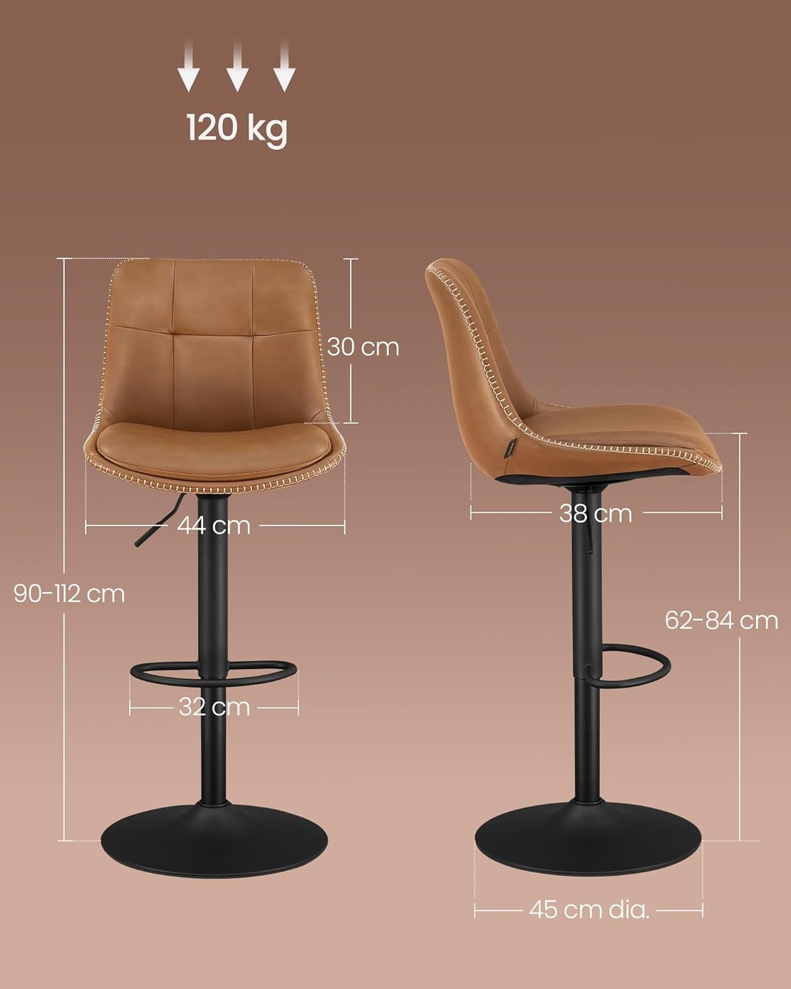 VASAGLE Set 2 scaune bar reglabile, rotative 360°, tapiterie PU, cadru metalic, 44x30x90-112 cm, maro caramel