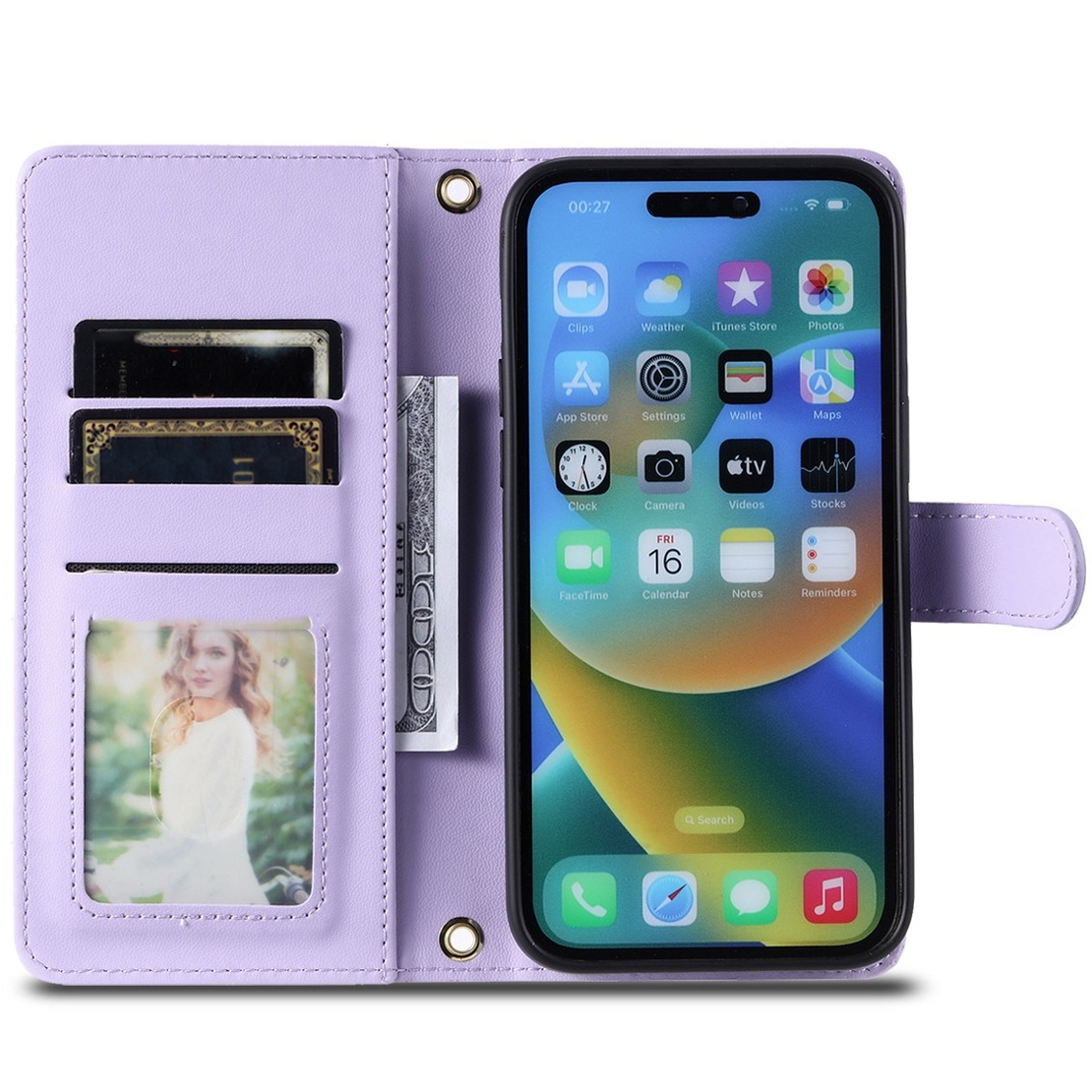 Husa de Protectie Tip Carte, Vafy, pentru Apple iPhone 15, Model cu Suport si Capsa, Antisoc, Rezistenta la Impact, Protectie Camera, Mov