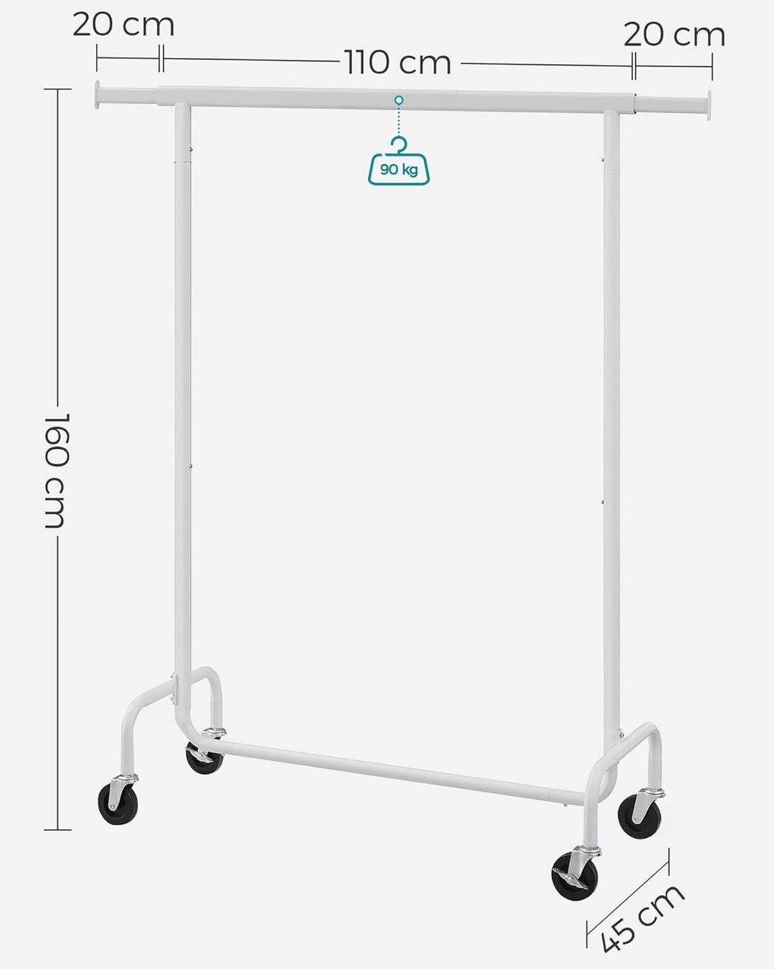 SONGMICS Suport pentru haine extensibil pe roti, bara reglabila 110-150 cm, stil industrial, 150x45x160 cm, alb mat