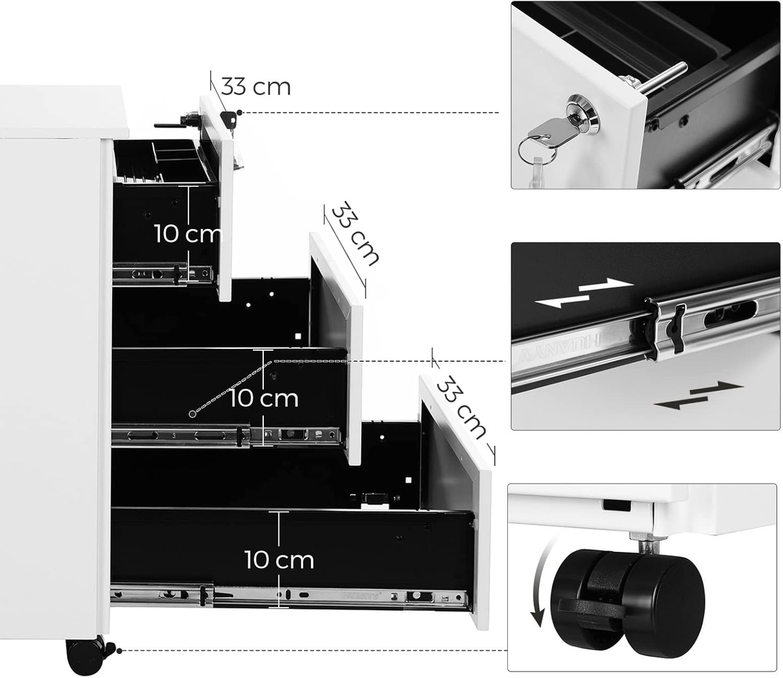 SONGMICS Dulap mobil rollbox pentru birouri, 3 sertare pentru documente, corp pre-asamblat, 45x39x54 cm, alb