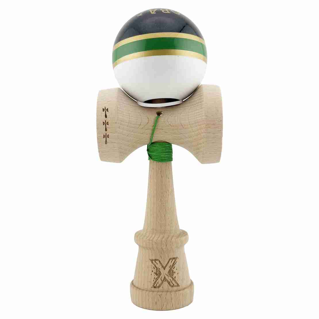 Kendama X Originala ROYAL SPIKE, Profesionala, Flippy, Cupe Mari KING SIZE V3, Super Sticky, Gaura in Baza, Rulment Metalic, din lemn 18 cm, Ata 62/65 cm, Inel Verde