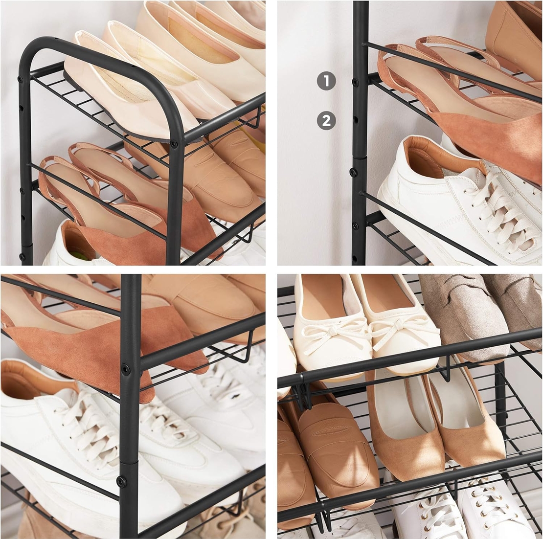 SONGMICS Pantofar cu 4 rafturi de depozitare, din metal, polite cu unghi reglabil, 28x69x65cm, negru