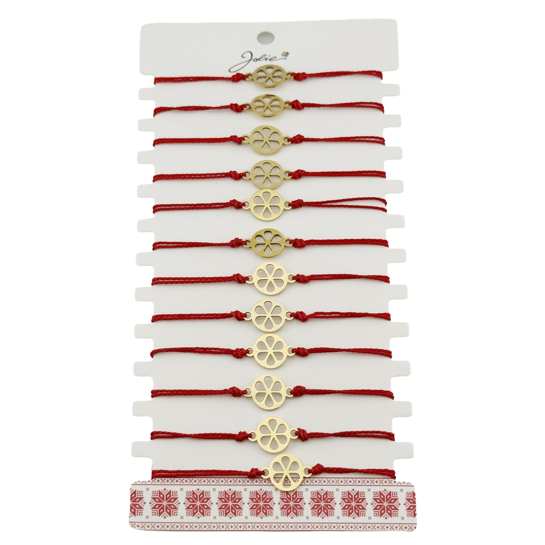 Bratara Martisor pentru Dama, Jolie, Model Floare, Set 12 bucati, Pandativ din Inox Auriu, Snur Ajustabil Impletit, Rosu