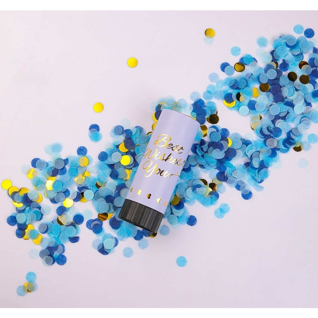 Tun de Confetti, Flippy, Best Wishes 11 x 4 cm, Model Buline din Hartie si Folie, Albastru