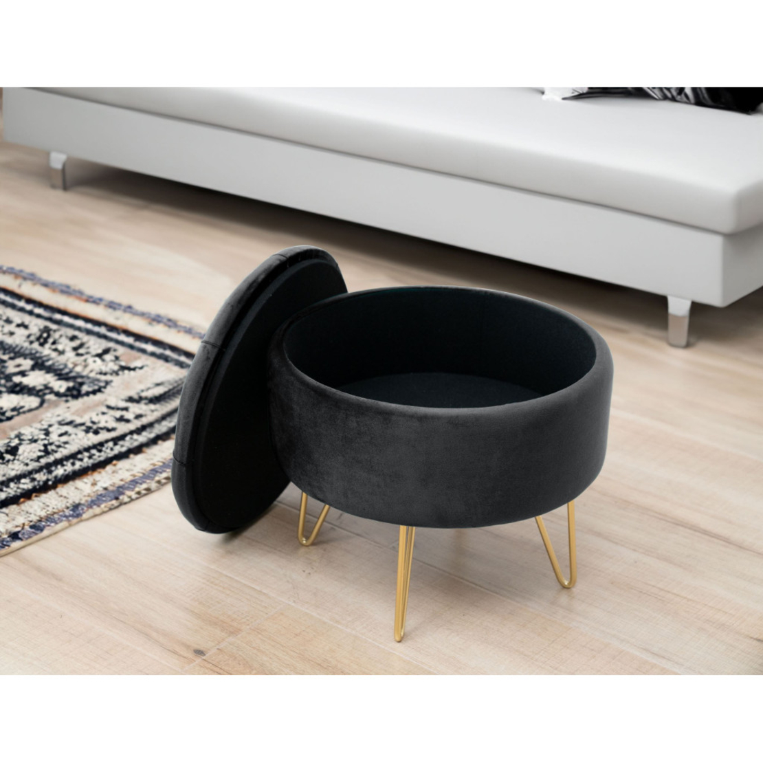 Taburet Caro cu spatiu depozitare, tapitat cu velur, 38x33 cm, negru
