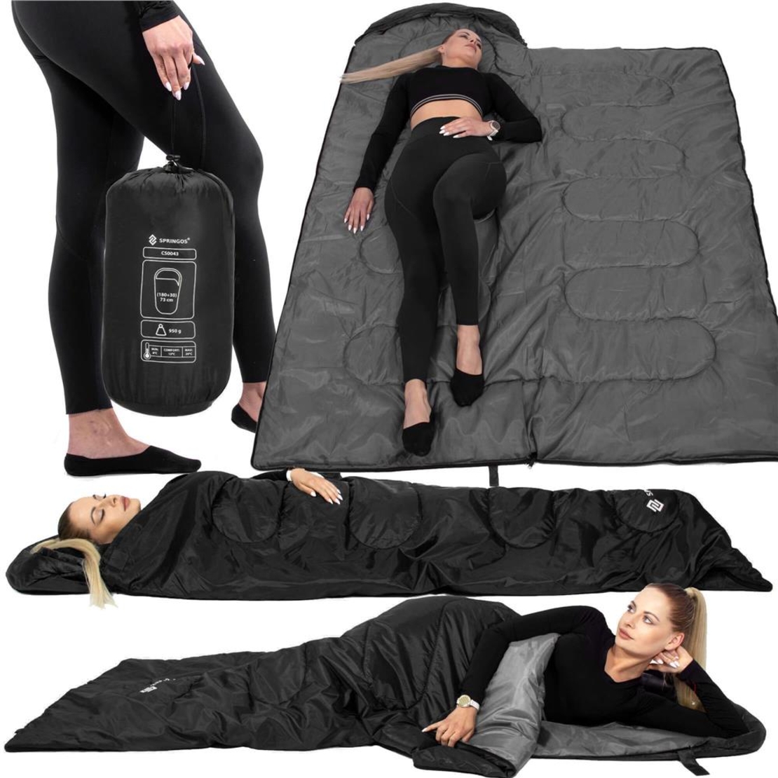 Sac de dormit tip mumie, cu geanta de transport, 210x73cm, 8-20grade, culoare negru