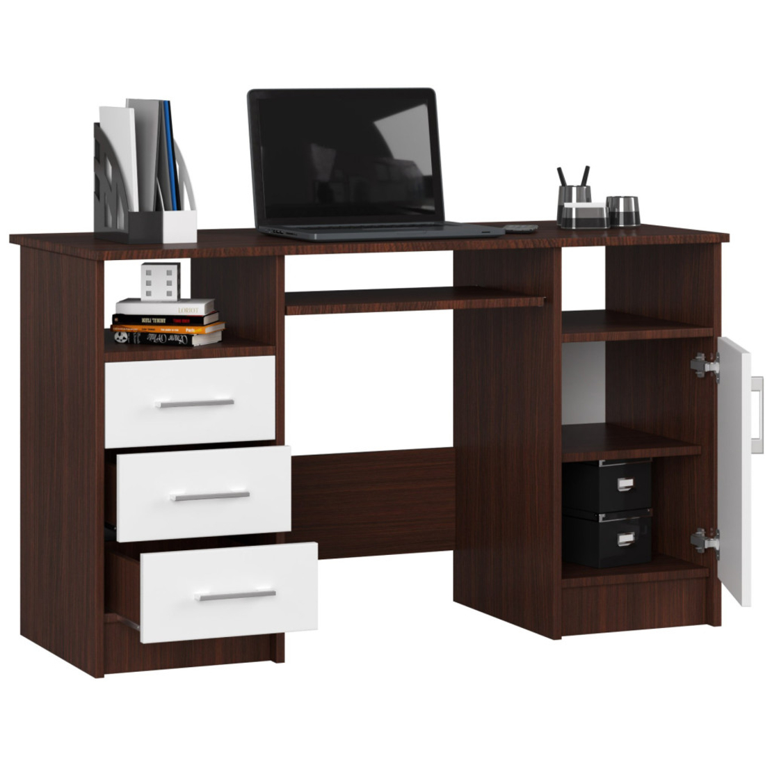 Birou ANA pentru calculator, cu 3 sertare si 1 usa, 124x52x74 cm, maro wenge si alb