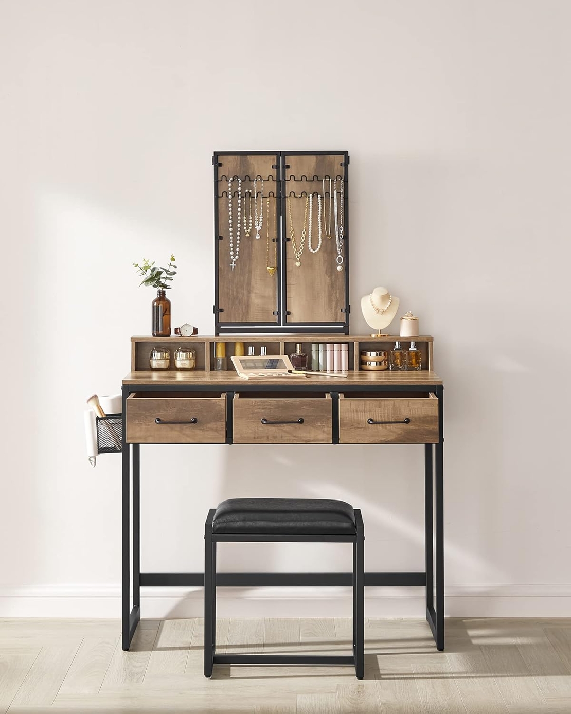 VASAGLE Masuta toaleta 90x40x141 cm, cu 3 sertare, oglinda tripla si taburet, lemn si otel, maro stejar si negru