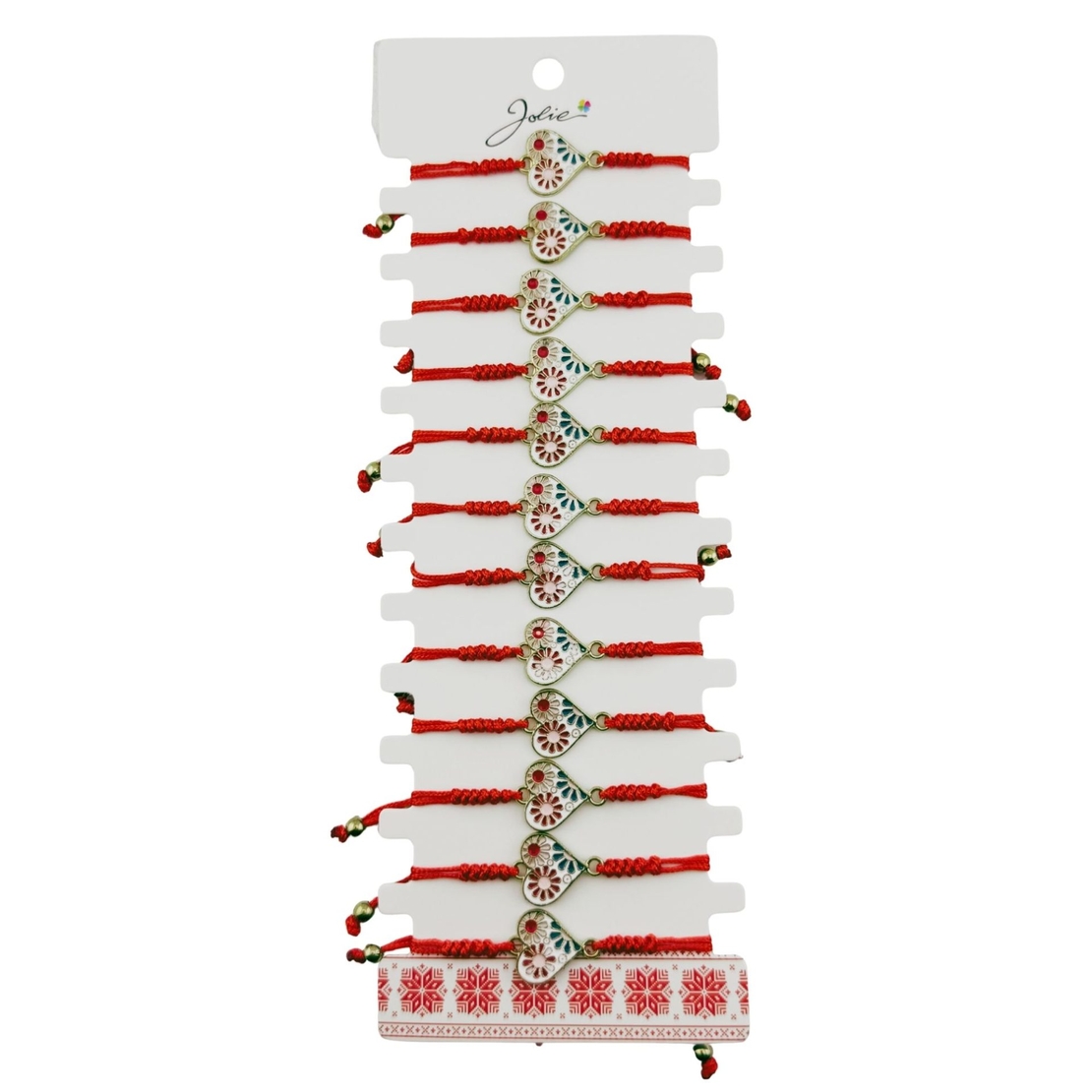 Martisor Bratara pentru Dama si Copii, Jolie, Model Inima cu Flori de Primavara, Set 12 bucati, Pandantiv Emailat, Snur Reglabil, Rosu/Multicolor
