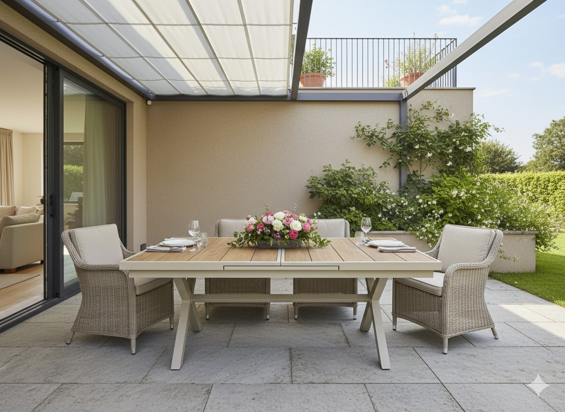 Masa gradina extensibila 180-240 cm din aluminiu cu blat aspect lemn, 180-240x90x76 cm, bej