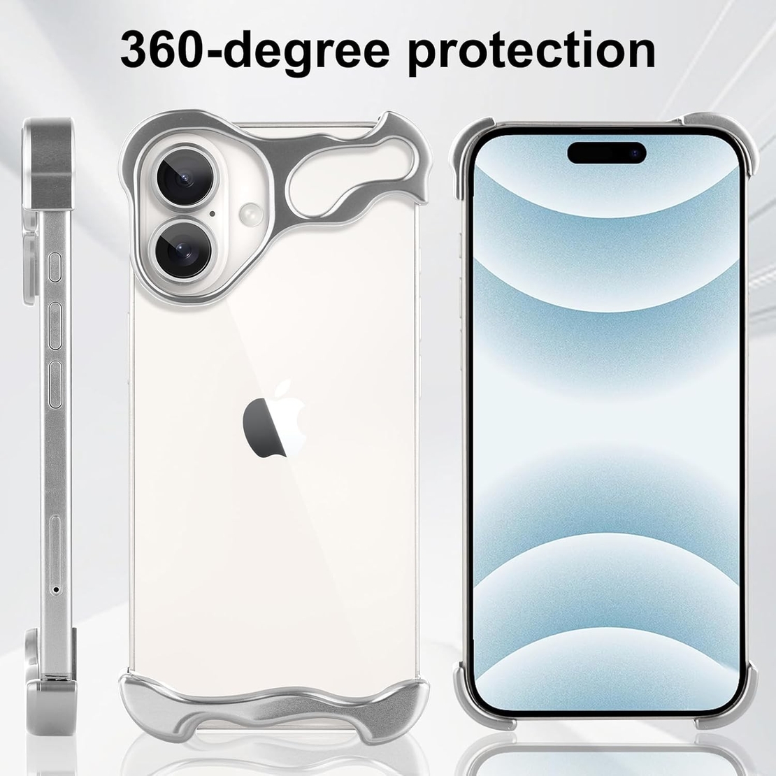 Husa Metalica Compatibila cu iPhone 16 Plus, Vafy, Protectie pentru Colturile Telefonului si Camera, Aliaj, Antisoc, Antizgariere, Argintiu