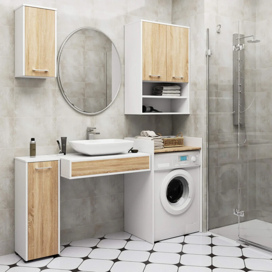 Dulap baie suspendat, cu 2 usi si 2 rafturi deschise, PAL 16 mm, 64x30x94 cm, alb si stejar sonoma