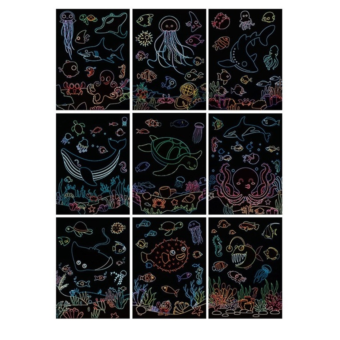 Set 9 Planse Razuibile, Flippy, Scratch ArtCards, +3 Ani, de Razuit si de Colorat, 19 x 14 cm, Model Ocean, Multicolor