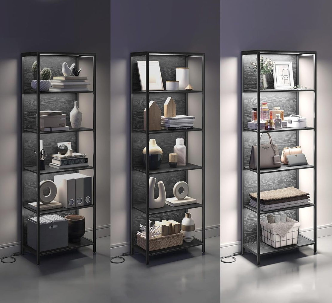 VASAGLE Biblioteca cu 6 rafturi si iluminare LED reglabila 25 culori, cadru metalic, 30x60x179 cm, negru