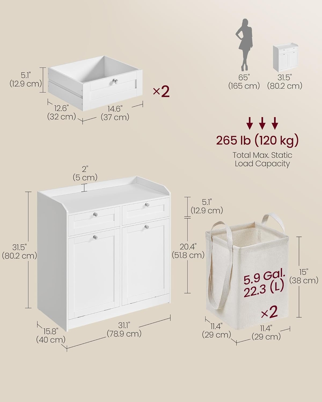 VASAGLE Dulap baie de podea, 2 cosuri de rufe integrate cu saci detasabili, 2 sertare, 79x40x80 cm, alb