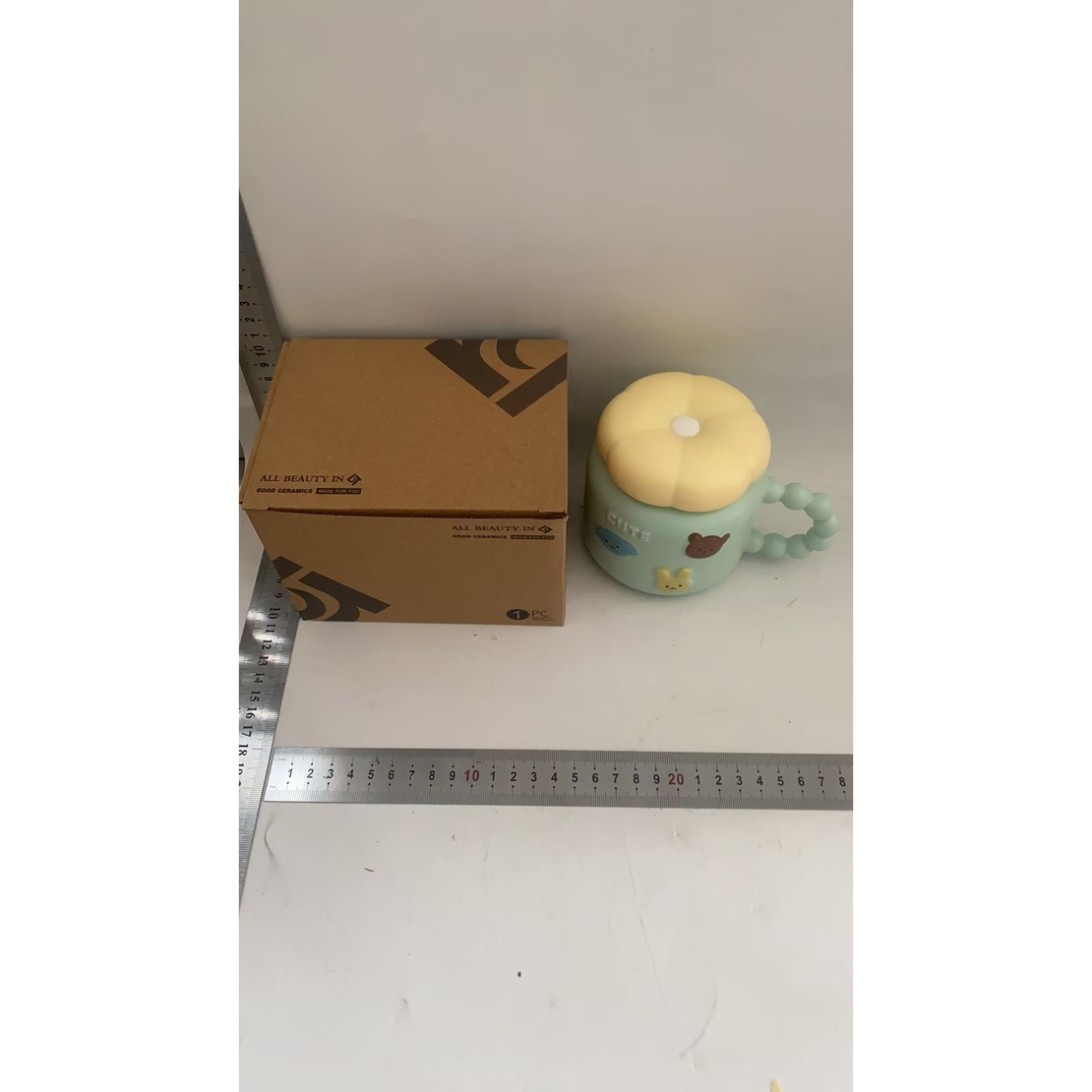 Cana pentru Copii, Flippy, din Portelan, print Figurine Animalute, Model CUTE, Cana cu Capac, Ceasca pentru Cafea, Ceai, 400ml Albastru deschis