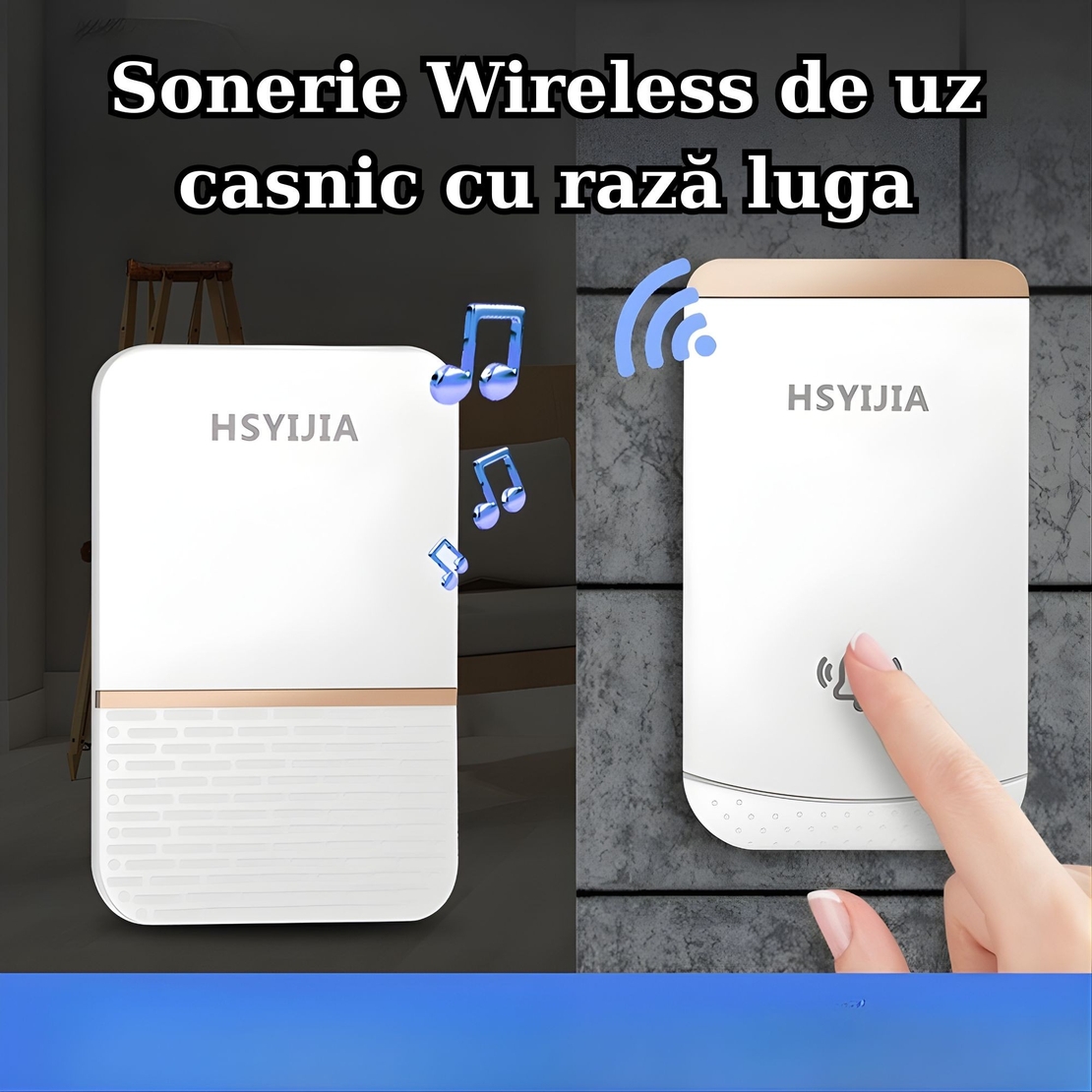 Sonerie Wireless, Vafy, Rezistenta la Stropi, Kit cu 2 Receptoare, 38 Melodii, 4 Niveluri Volum, 85 dB, raza 260 m, 9 x 5,6 x 18,5 cm, Alb/Auriu