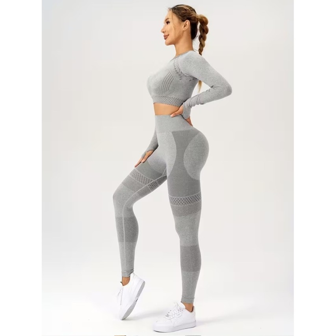 Costum Sport de Dama, Flippy, pentru Yoga, Talie Inalta, Top Scurt, Elastic, Gri, Marime S