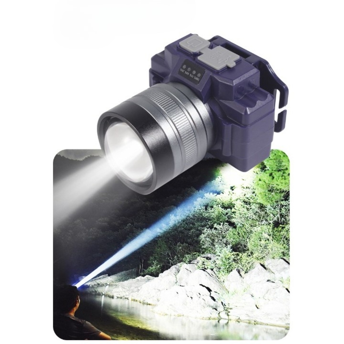 Lanterna LED de Montat pe Cap, Vafy, cu Raza Lunga de Zoom, Far Telescopic, Reglabil, Rezistent la Apa, pentru Pescuit in Aer Liber, Camping, Lumina Puternica, Lanterna, 7.5x5x7 cm, Albastru