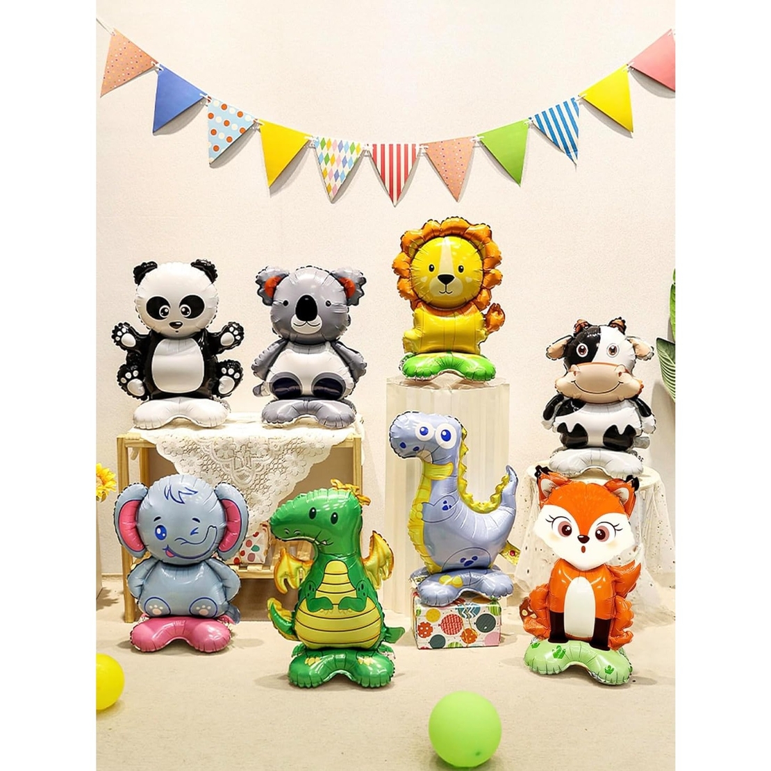 Balon din Folie Metalizata, Vafy, Mini Figurine Animalute, Model Leu, Tematica Aniversare, 39x58 cm, Ambalaj Individual, Pai Inclus, Umflare cu Aer sau Heliu, Multicolor