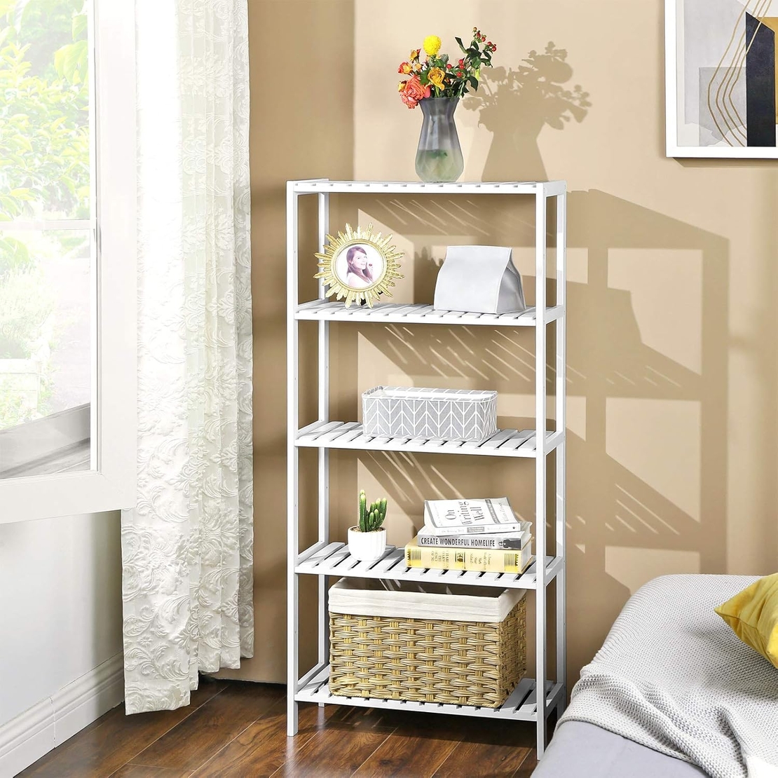 SONGMICS Raft de depozitare din bambus, 5 polite, pentru bucatarie sau baie, 130x60x26cm, alb