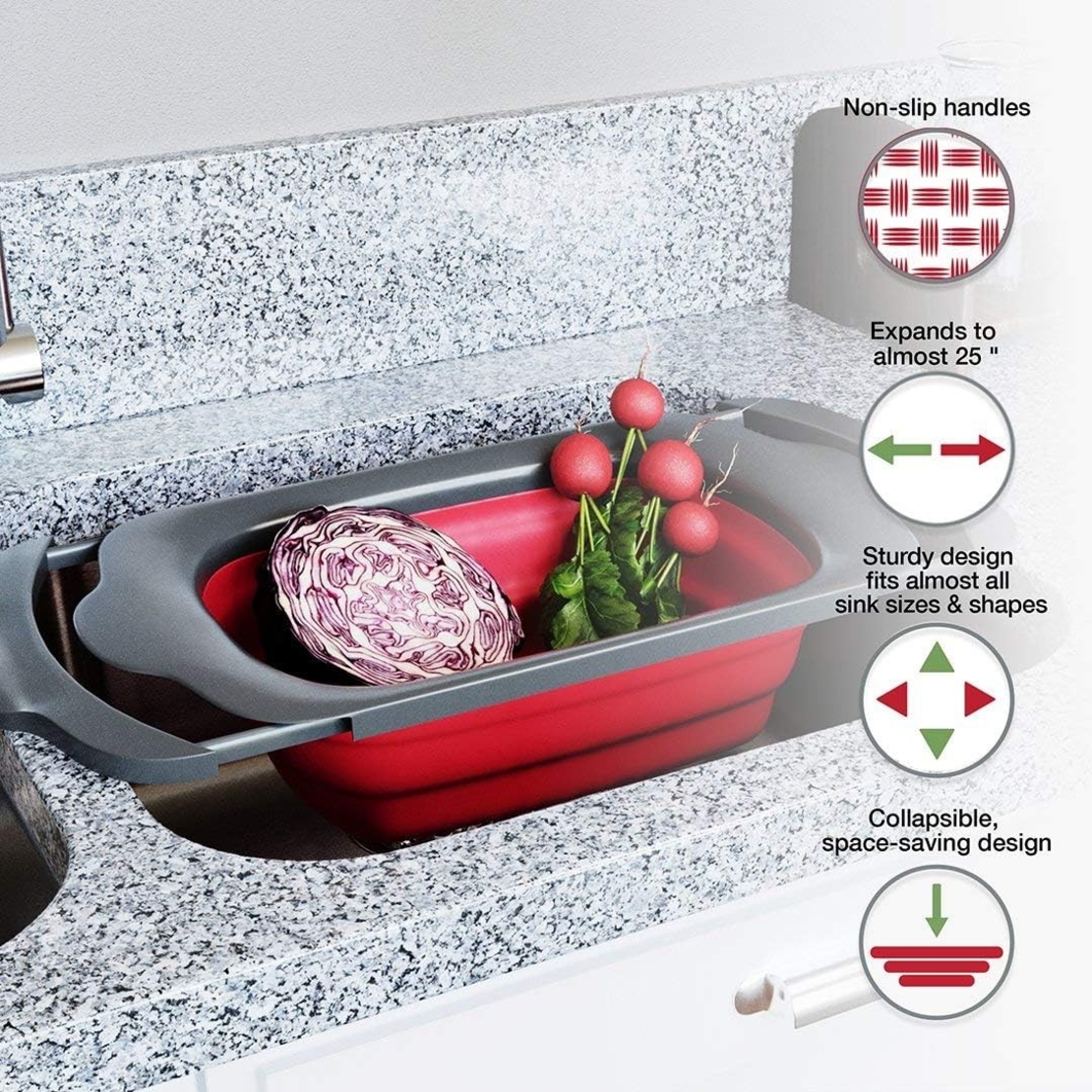 Cos de Scurgere Retractabil pentru Chiuveta, Flippy, cu Filtru, pentru Fructe si Legume, de Uz Casnic, 39x12 cm, Design Extensibil pana la 61 cm, cu Manere de Prindere, Rosu
