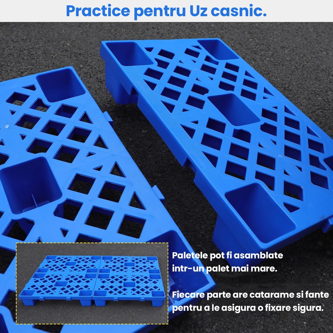 Palet de Transport, Flippy, 60 x 40 x 10 cm, din Plastic durabil, Palet pentru Stivuitor in Depozit, Rezistent la Umiditate, Grila Ingrosata, 5 Picioare, Albastru