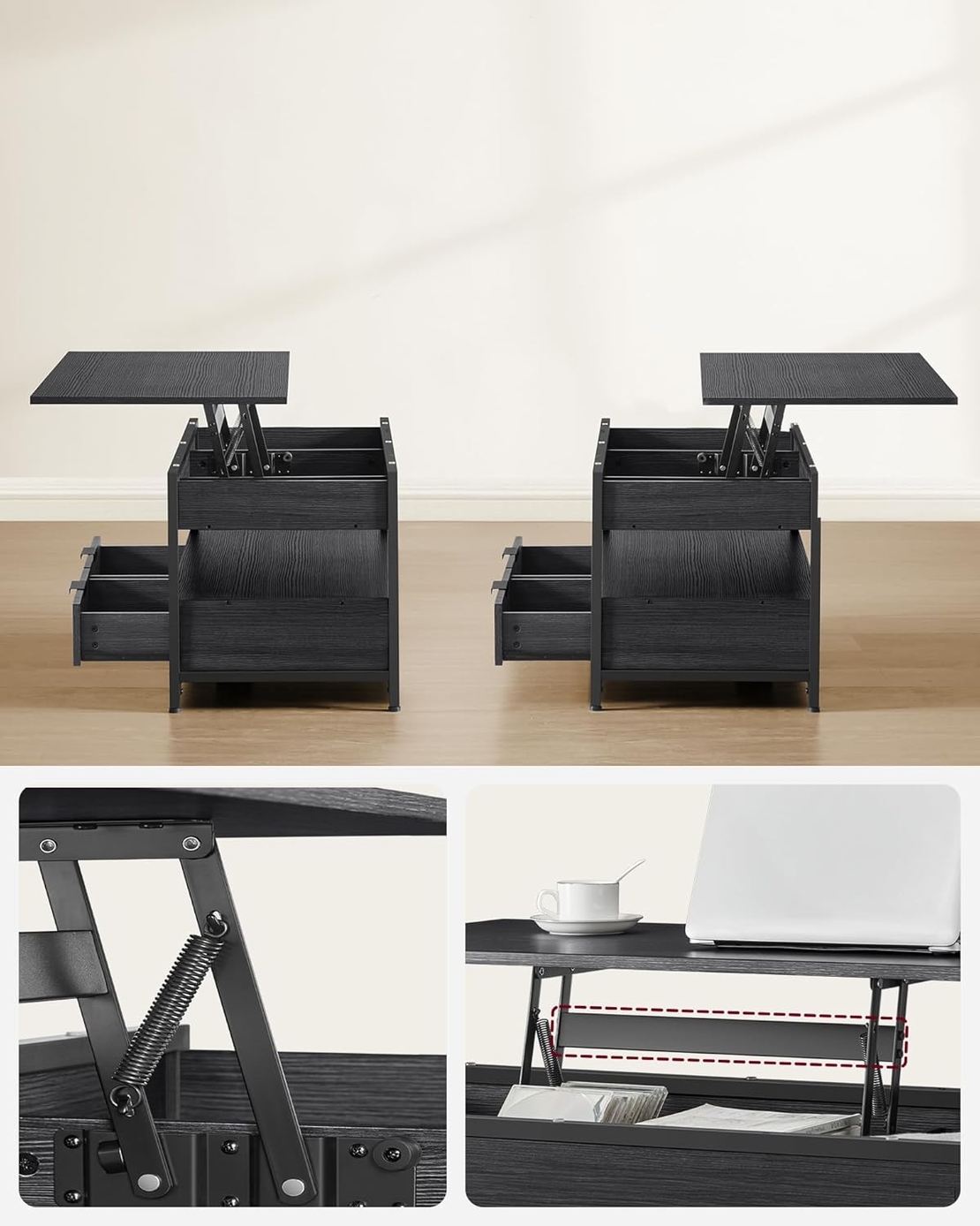 VASAGLE Masuta de cafea cu blat reglabil pe inaltime, cu sertare si spatii de depozitare, stil industrial, 100x50x63 cm, gri antracit