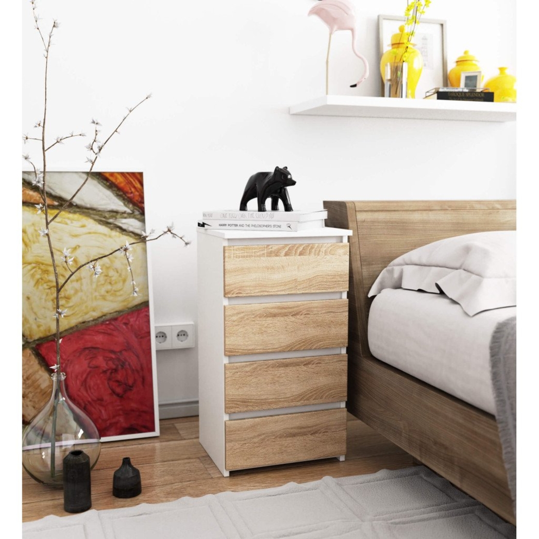 Comoda cu 4 sertare, PAL laminat 16mm, 40x35x74 cm, alb si stejar sonoma