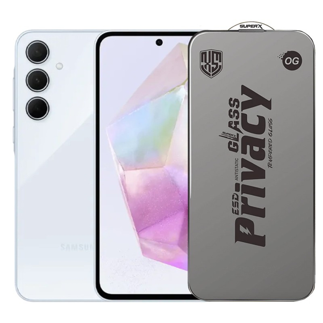 Folie de Protectie pentru Samsung Galaxy A35, Vafy, Sticla Securizata ESD Antistatica, Super-X Privacy OG, Margini Negre, 0.30 mm, Transparent Inchis