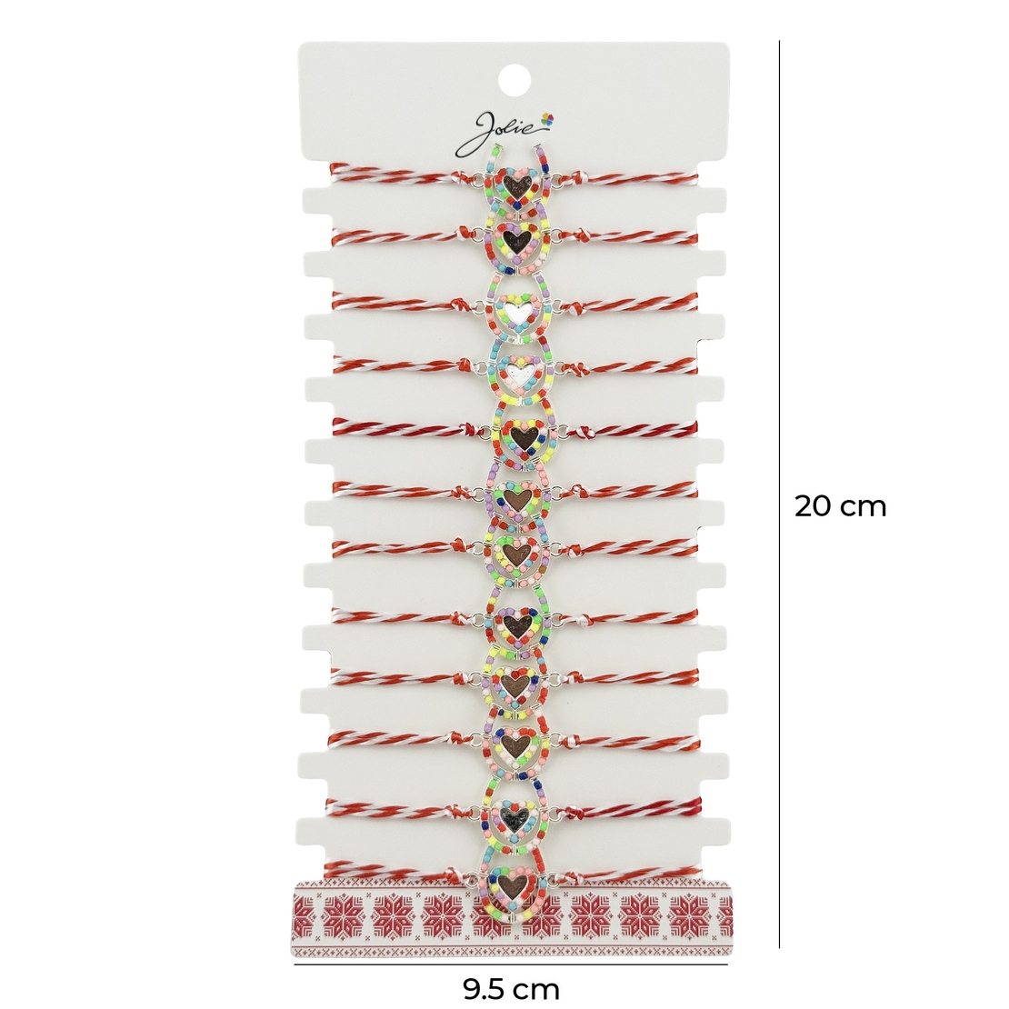 Bratara Martisor pentru Dama, Jolie, Model Potcoava Multicolora, Set 12 bucati, Pandativ Argintiu din Inox cu Elemente Multicolore, Snur Alb/Rosu
