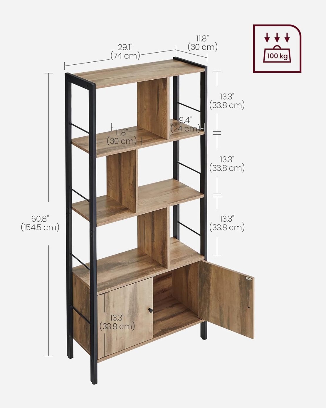 VASAGLE Biblioteca cu 4 rafturi si dulap inferior cu 2 usi, stil industrial, 74x30x155cm, stejar