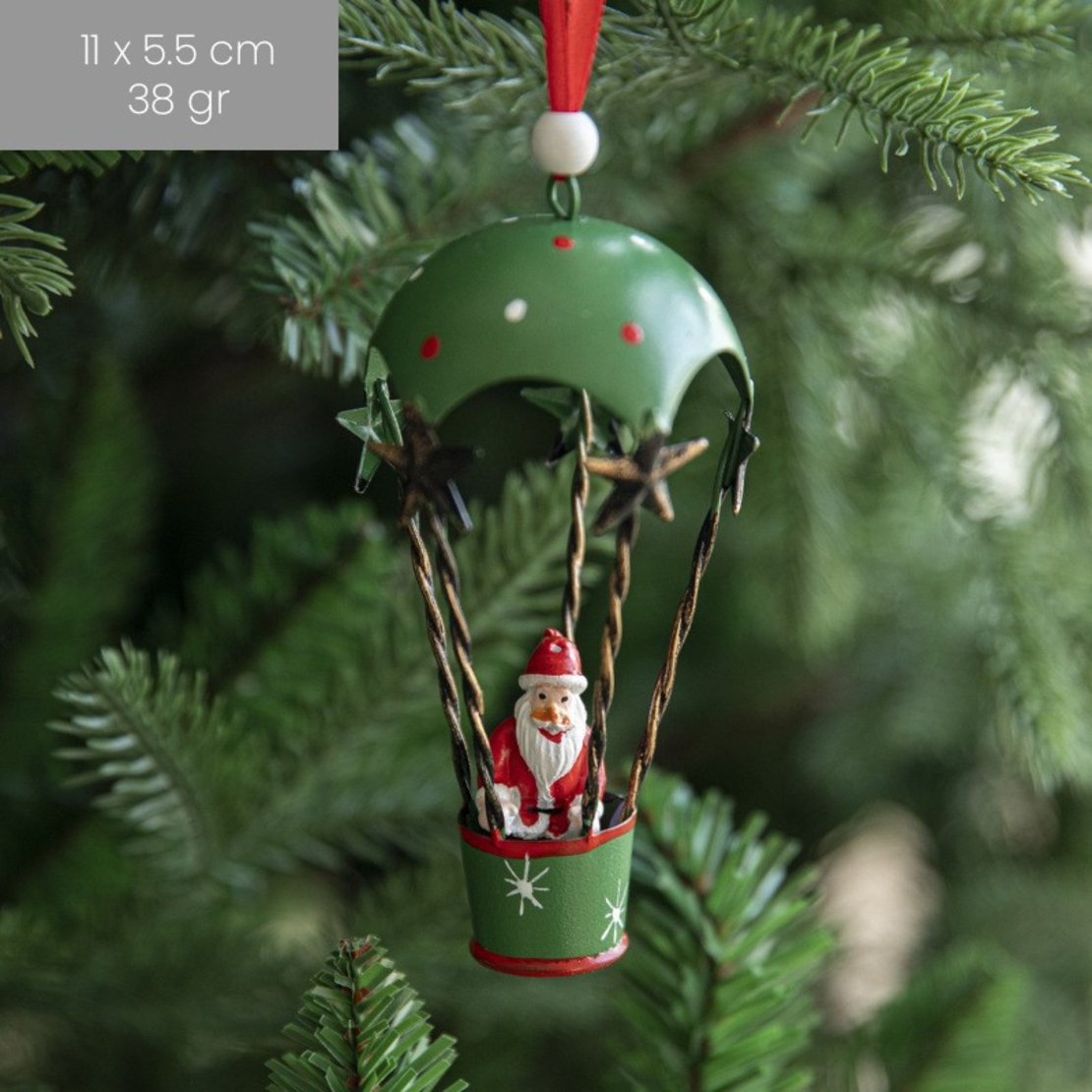 Figurina pentru Brad de Craciun, Flippy, Model Mos Craciun in Balon cu Aer Cald, Ornament pentru Brad, din Metal, 11 x 5.5 x 5.5 cm, Verde