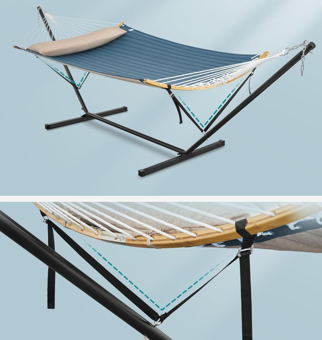 SONGMICS Hamac cu suport metalic, cu suprafata captusita, reglabil, include perna, 200 kg, 400x100x90 cm, albastru