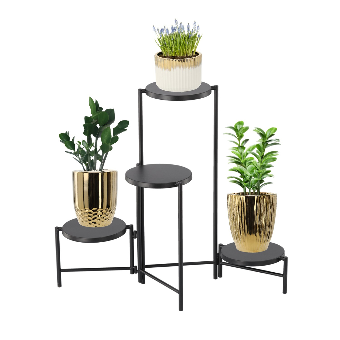 Suport pentru flori cu structura metalica, 4 niveluri, cu rafturi rotunde, 60x43x60 cm, negru
