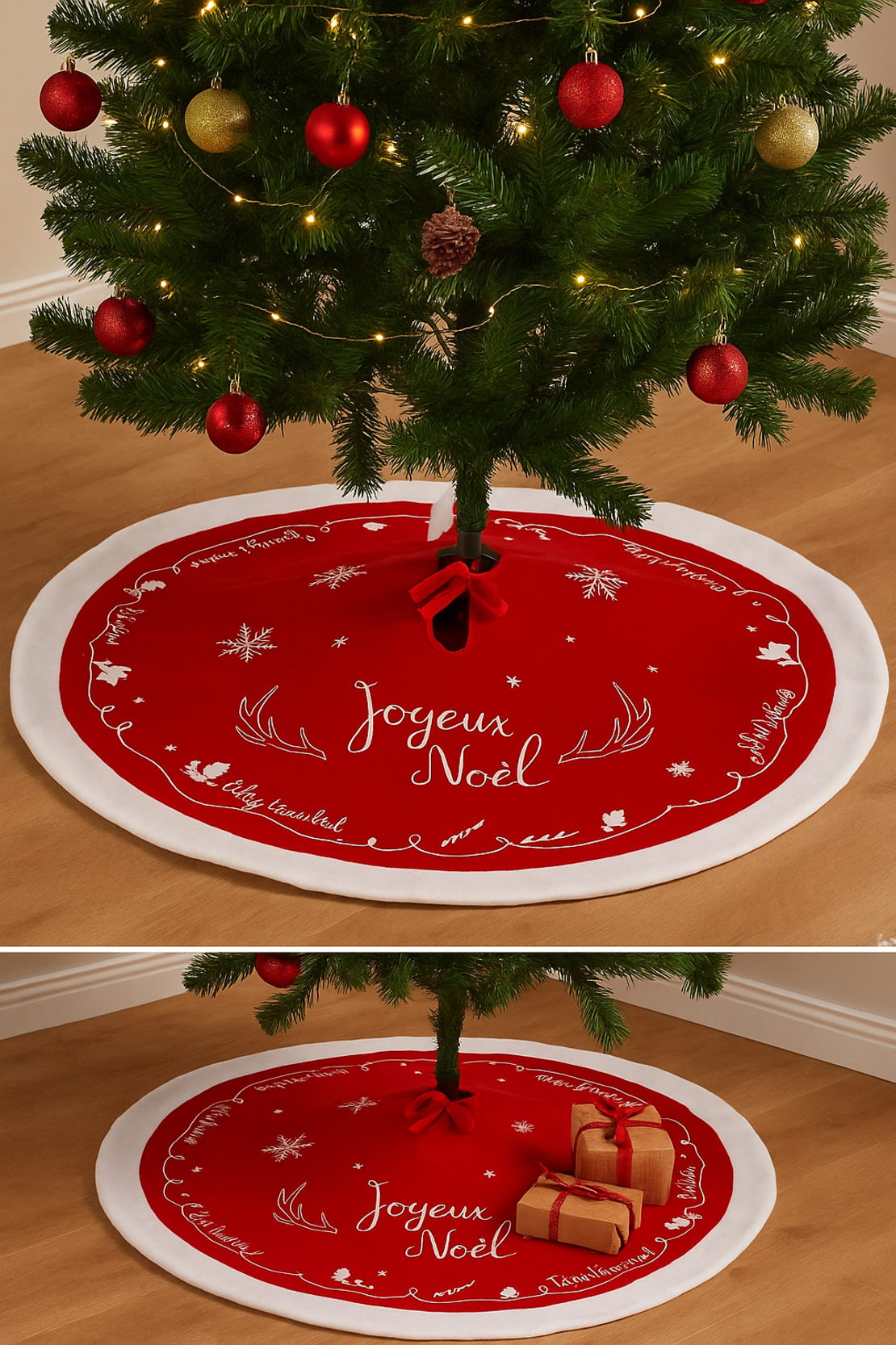 Covor decorativ pentru brad, din fetru matlasat, diametru 90 cm, rosu