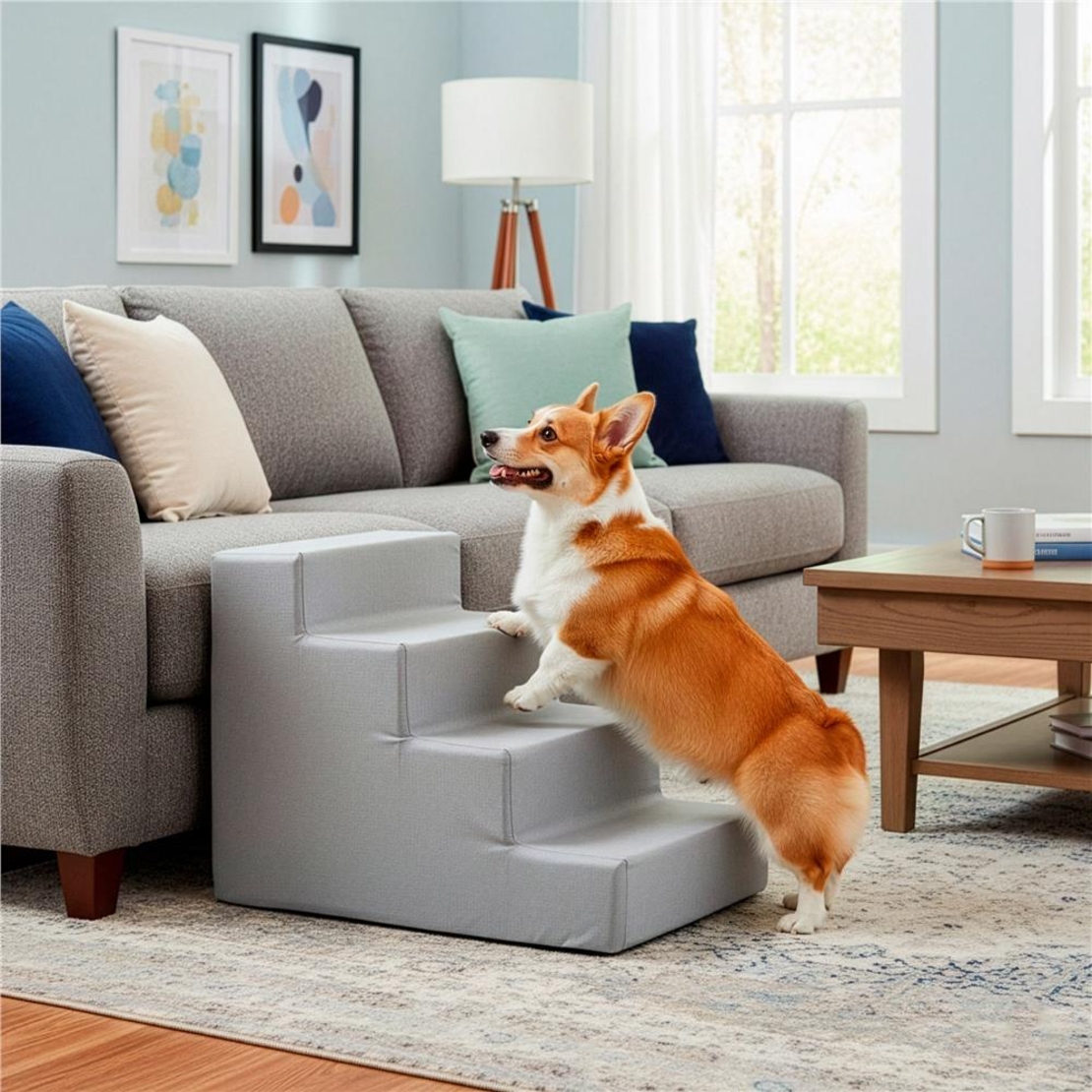 Scara pentru animale de companie, caini sau pisici, 4 trepte, antiderapanta, husa detasabila, inaltime 40 cm, gri deschis