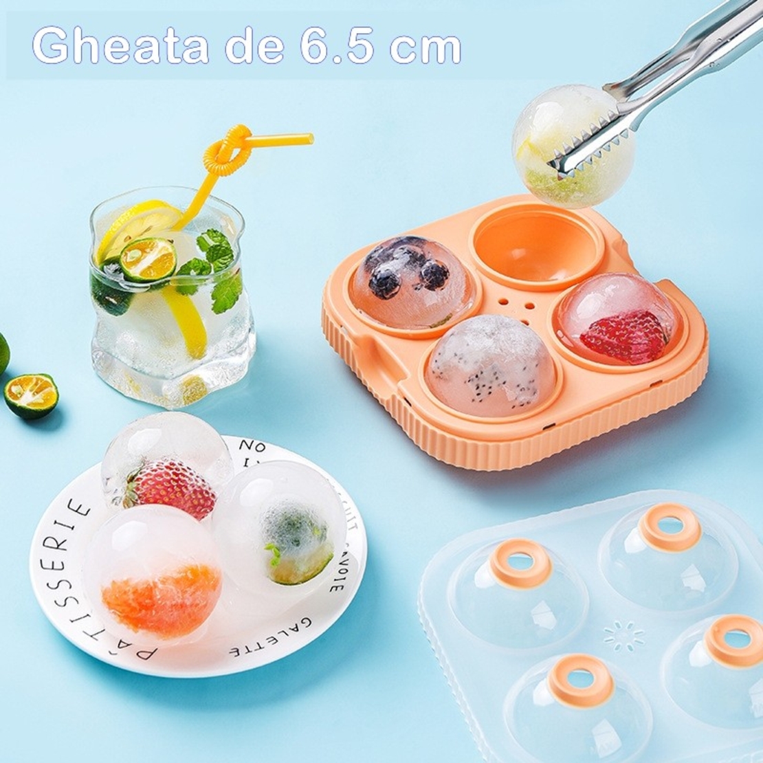 Forma Sfere de Gheata pentru Wiskey si Cocktail-uri Flippy, 4 Sfere, Material Plastic/Silicon Alimentar, Diametru 6.5 cm, cu Orificiu Tip Palnie pentru Umplere, 17 x 17 x 7 cm, Portocaliu