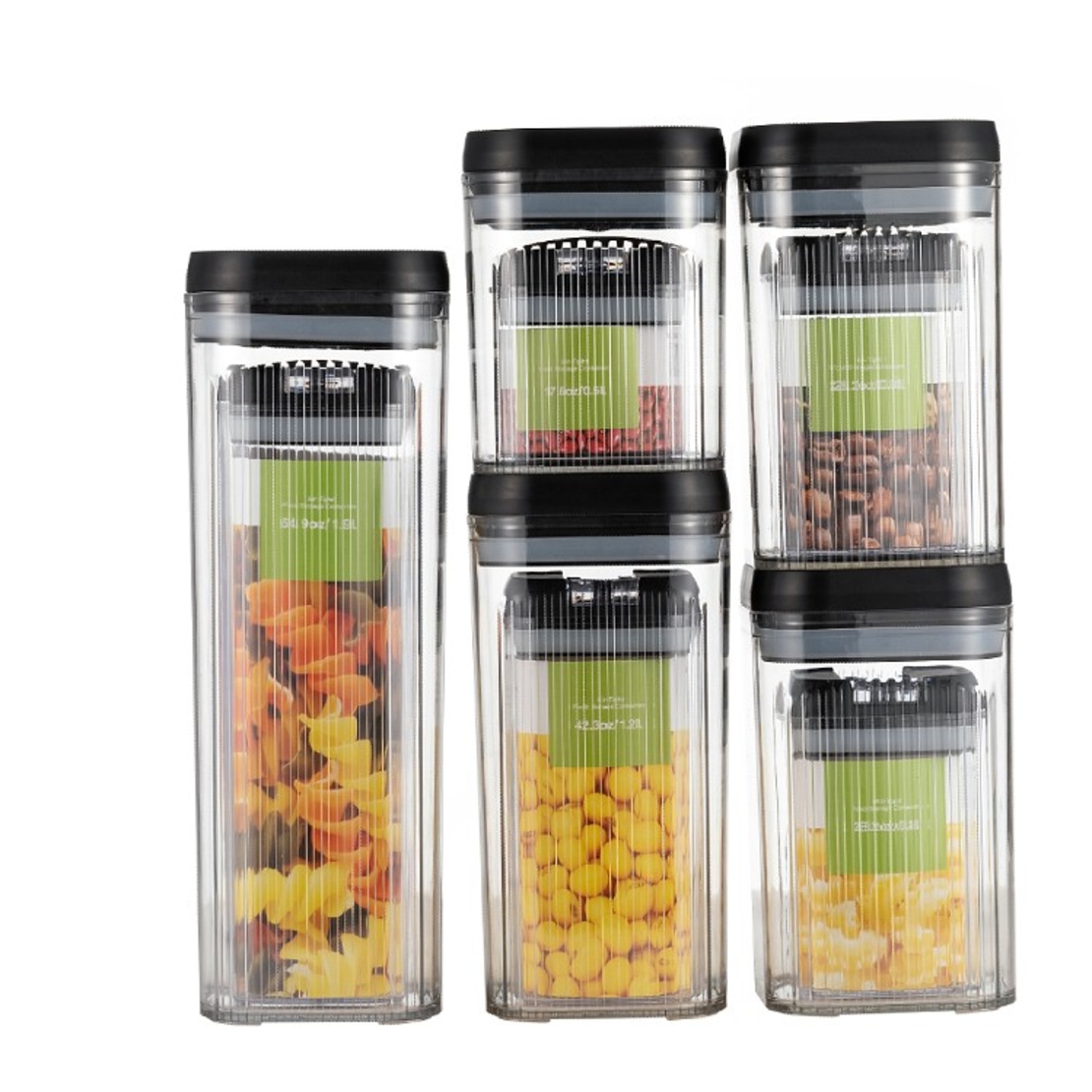 Cutii de Depozitare Alimente, Flippy, Set din 10 Cutii de tip Container, Recipiente pentru Cereale in Bucatarie, Transparente cu Capac Negru