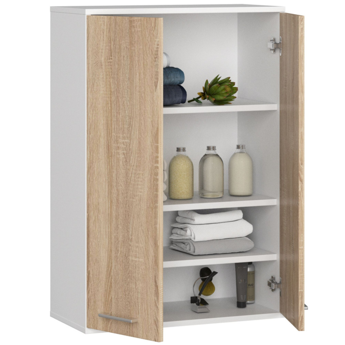 Dulap baie suspendat, cu 2 usi si 4 rafturi interioare, PAL 16 mm, 64x30x94 cm, alb si stejar sonoma