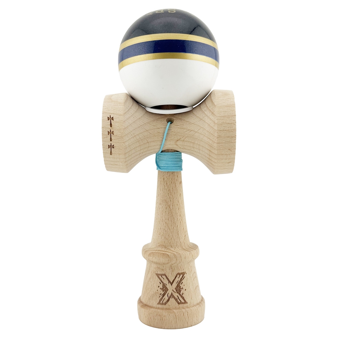 Kendama X Originala ROYAL SPIKE, Profesionala, Flippy, Cupe Mari KING SIZE V3, Super Sticky, Gaura in Baza, Rulment Metalic, din lemn 18 cm, Ata 62/65 cm, Inel Albastru inchis
