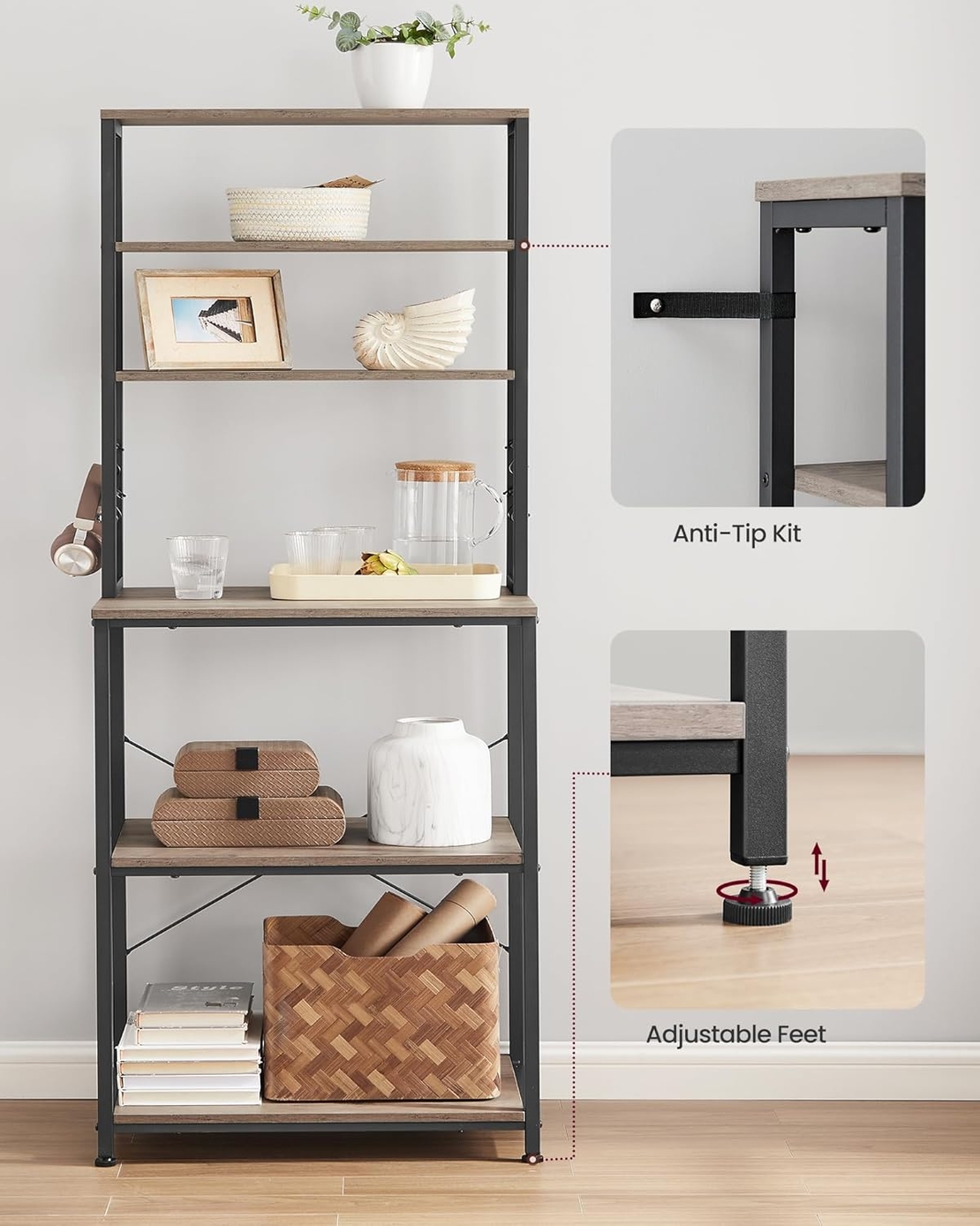 VASAGLE Raft de bucatarie, spatiu cuptor cu microunde, 6 rafturi, 40x60x167cm, gri si negru