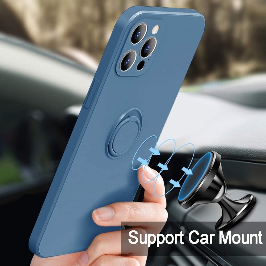 Husa protectie Vafy compatibila cu Apple iPhone 12 Pro Liquid Silicone Ring cu suport rotativ Albastru