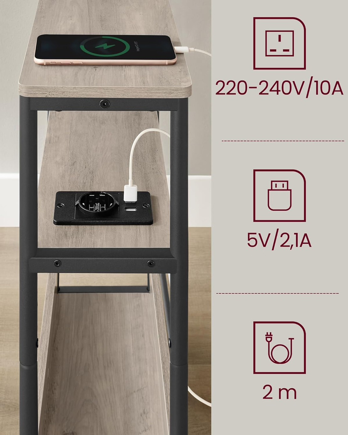 VASAGLE Masuta ingusta cu priza si porturi de incarcare USB, 3 rafturi, 45x18x58 cm, gri