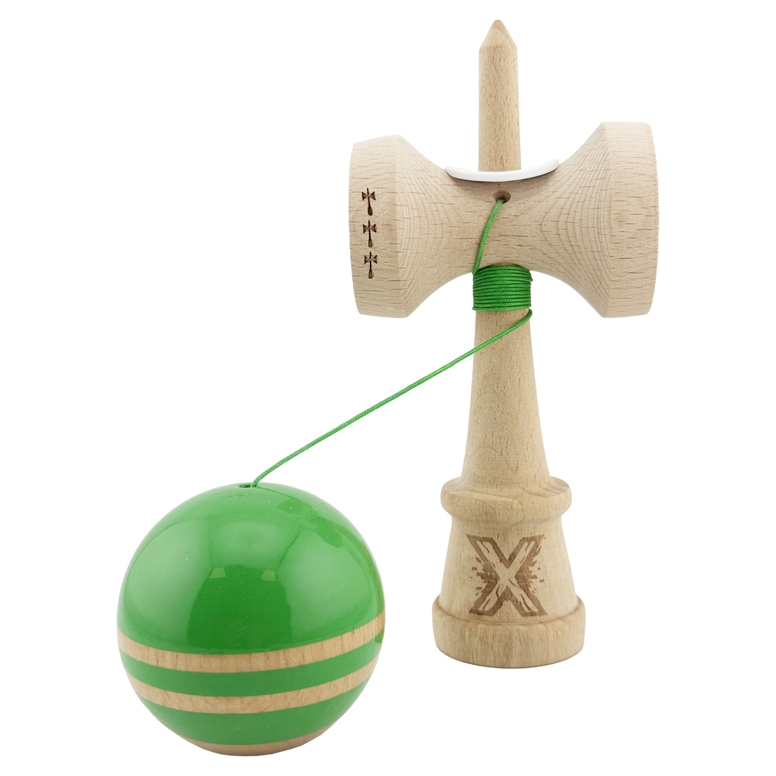 Kendama X Originala RAINBOW, Profesionala, Flippy, Cupe Mari KING SIZE V3, Super Sticky, Gaura in Baza, Rulment Metalic, din lemn 18 cm, Ata 62/65 cm, Verde/Maro