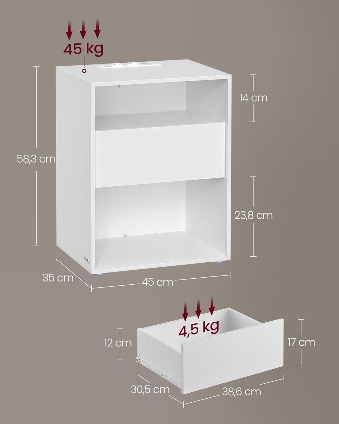 VASAGLE Noptiera cu sertar si statie de incarcare, 2 prize, 2 porturi USB, 45x35x58 cm, alb