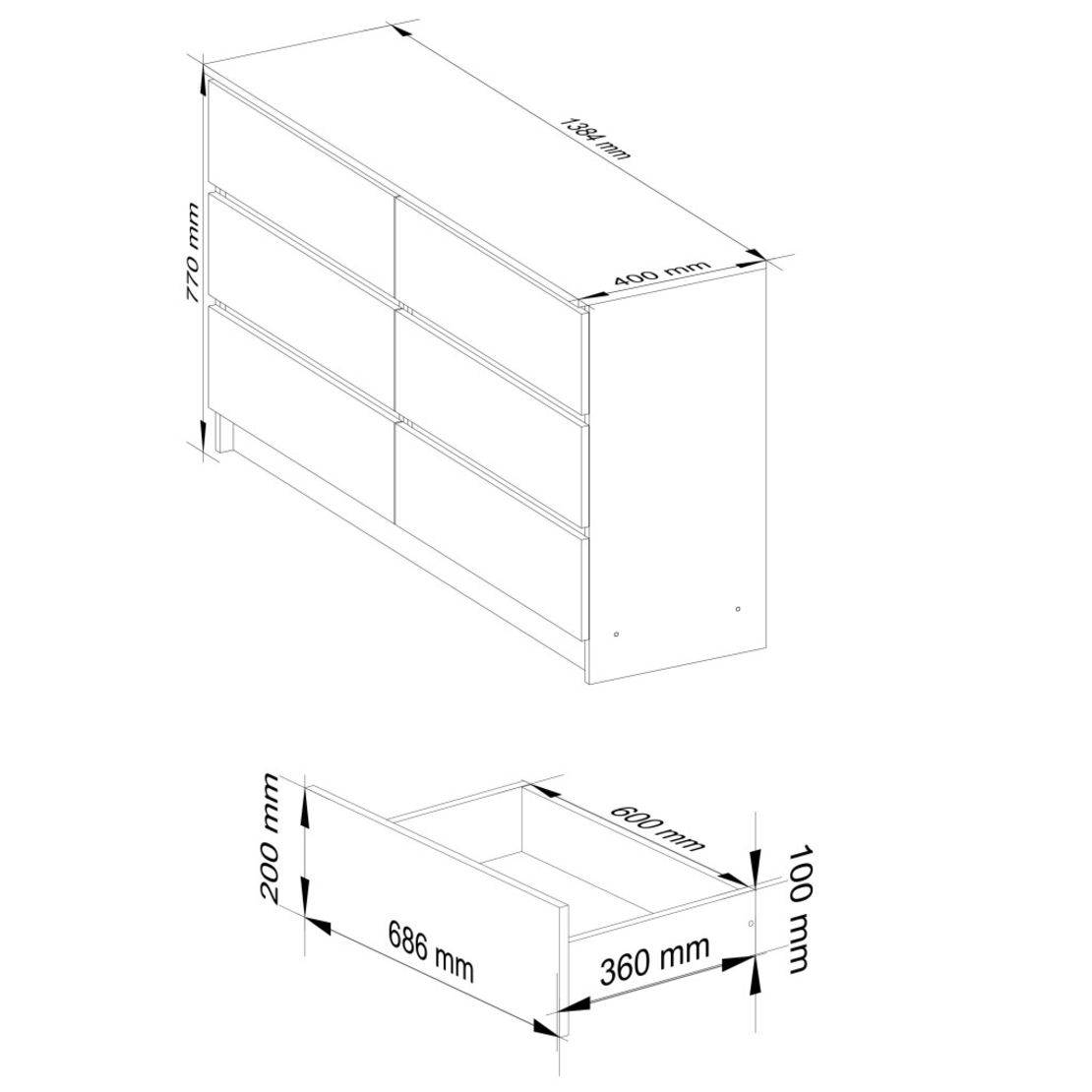 Comoda cu 6 sertare, PAL laminat, 138x40x77 cm, alb si gri grafit