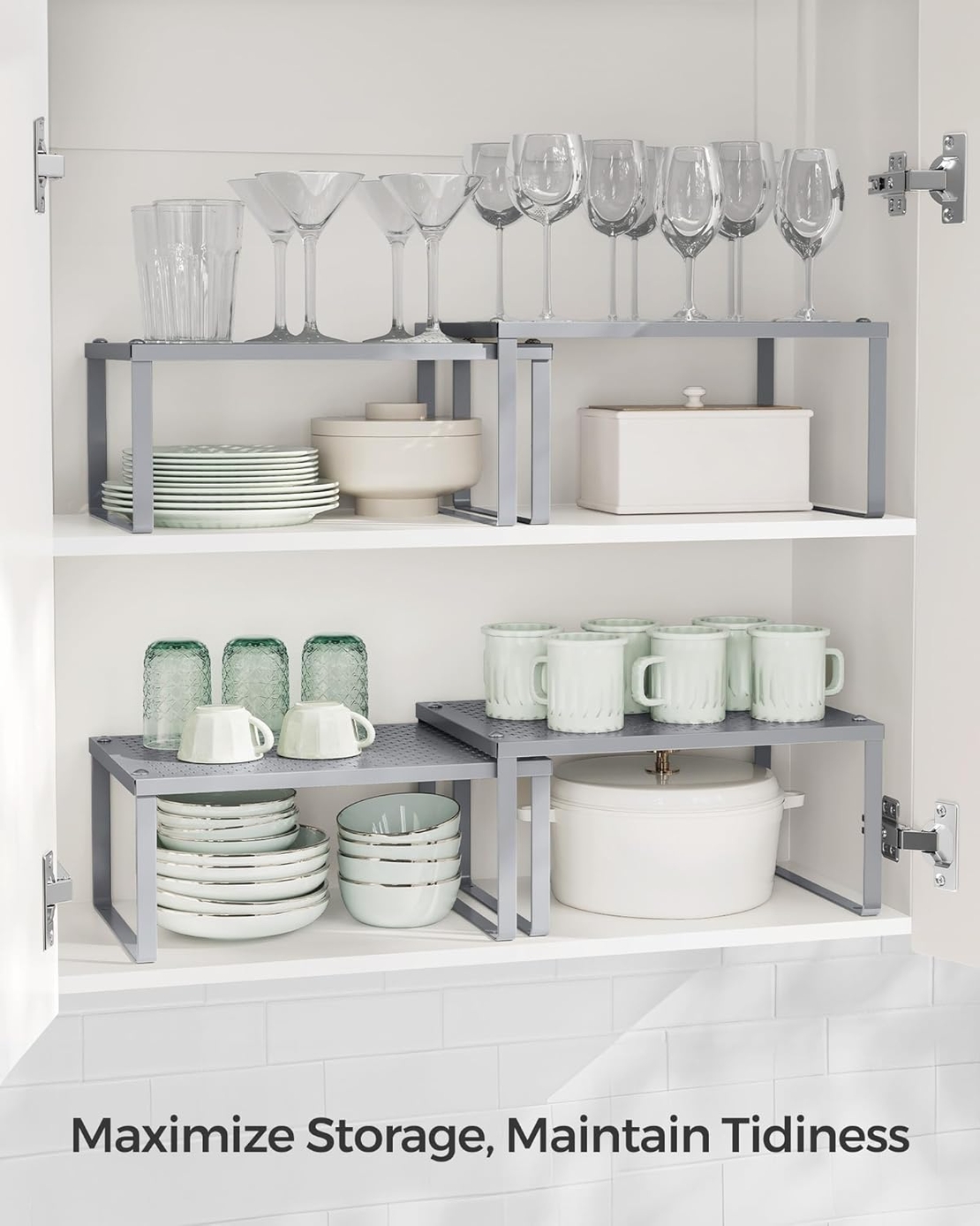 SONGMICS Set 2 rafturi de bucatarie metalice, suprapozabile, pentru ustensile sau condimente, 23x32x16cm, gri